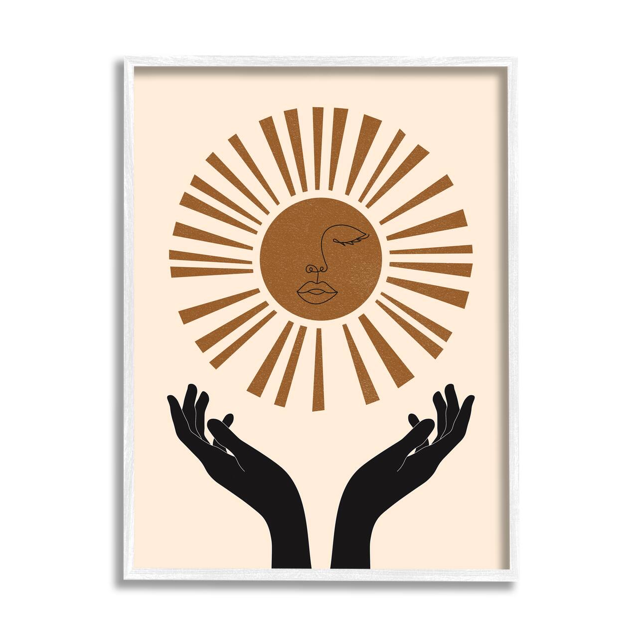 Stupell Industries Hands Holding Desert Sun with Face Linework in White Frame Wall Art